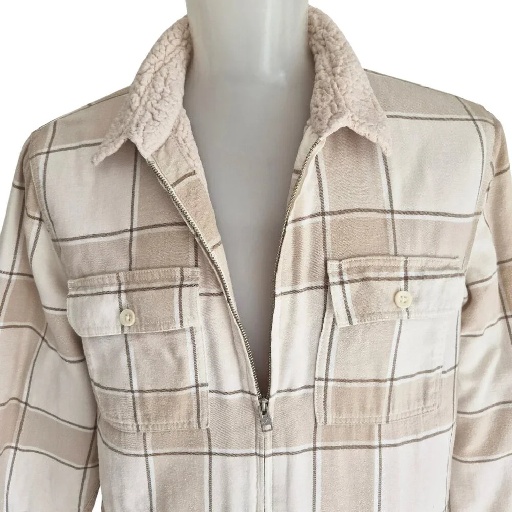 Hollister Sherpa-Lined Flannel Neutral Tan White Color Full Zip Shirt Jacket XL - Picture 6 of 16